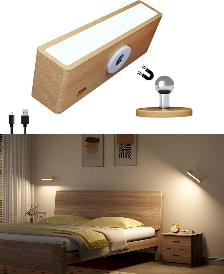 Wall Lights Battery Operated Wooden,Magnetic Wall Sconces Rechargeable,Adhesive Wall Lights for Bedroom,Dimmable Wall Mounted Bedside Lamp,Cordless Battery Wall Sconce for Bedroom Reading (1Pack-Touch Control)