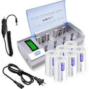 6 Packs D Rechargeble Batteries with Charger for C D 9V AA AAA BatteryDischarge Function3 Batteries Box and Car Charger Cable