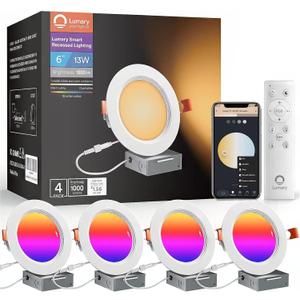 Lumary Smart WiFi LED Recessed Lighting 6 Inch with Remote, RGBWW Canless Ceiling Lights with Anti-Glare Metal Trim & J-Box, Compatible with Alexa/Google, 13W 1000Lm, 4Pack