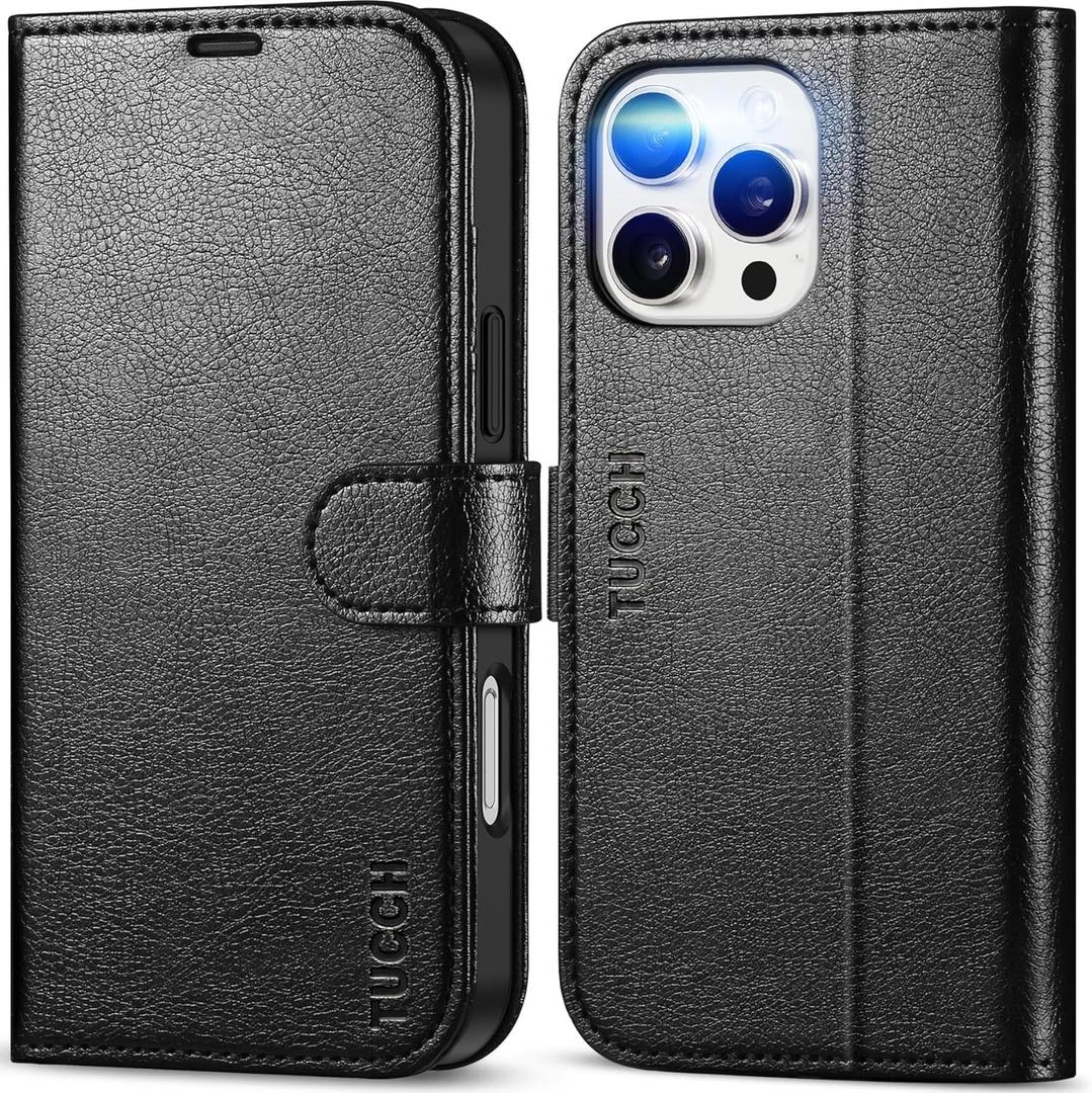 TUCCH Case Wallet for iPhone 16 Pro Max, Kickstand [RFID Blocking] 4 Card Slot PU Leather TPU Inner Shell, Magnetic Protective Flip Phone Cover Compatible with iPhone 16 Pro Max 2024, Textured Black