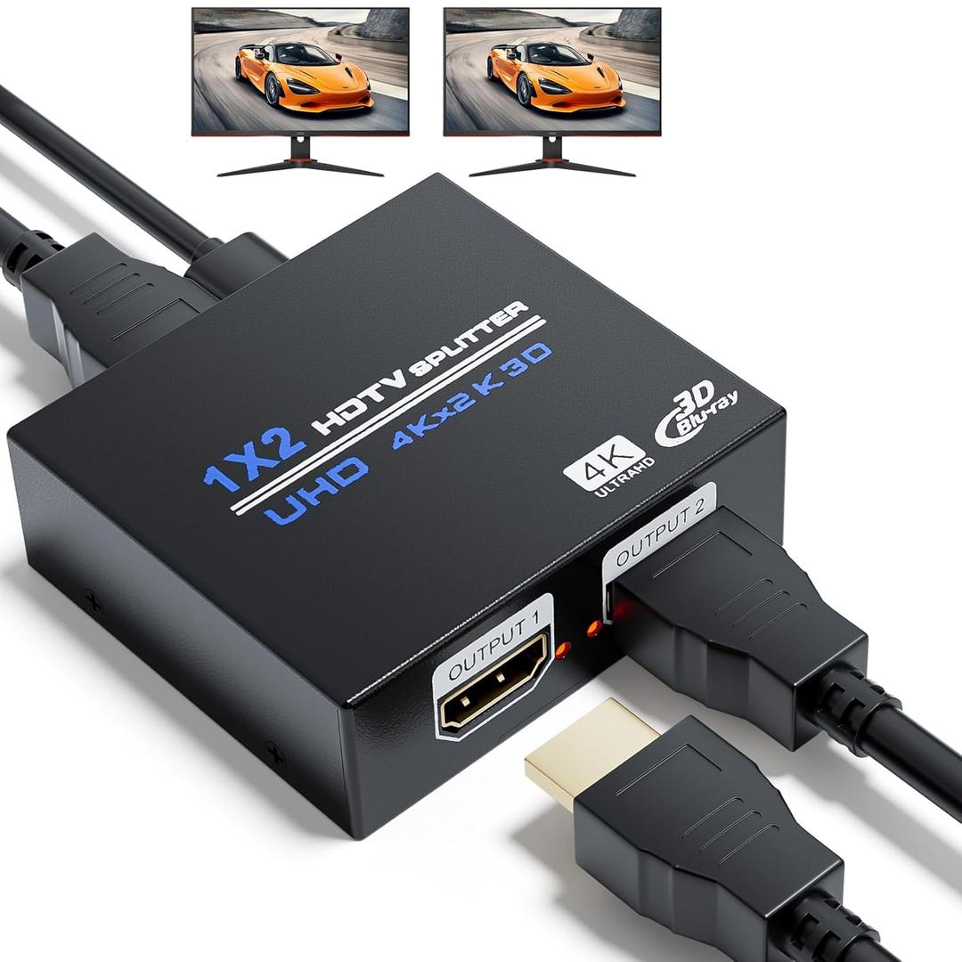 BolAAzuL 1x2 HDMI Splitter 1 in 2 Out 4K 1 to 2 HDMI Adapter for 2 Monitors with Power Adapter for Dual Monitors Mirror Display for TV Desktop Laptop PC Gaming