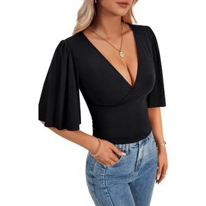 LYANER Women's V Neck Wrap Dressy Tops for Women Elegant Ruffle Short Sleeve Business Casual Blouse M