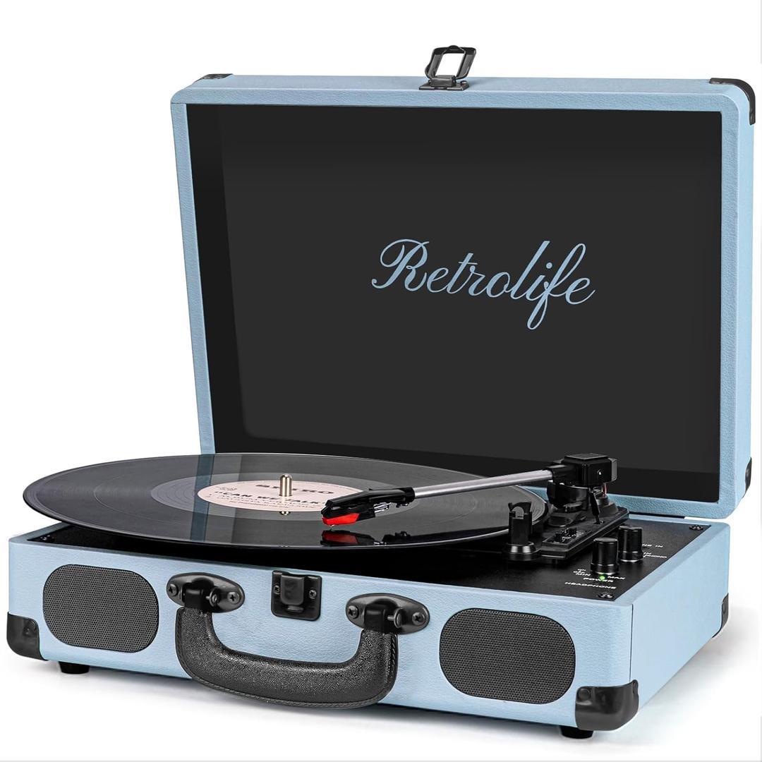 Vinyl Record Player 3-Speed Bluetooth Suitcase Portable Belt-Driven Record Player with Built-in Speakers RCA Line Out AUX in Headphone Jack Vintage Turntable Haze Blue