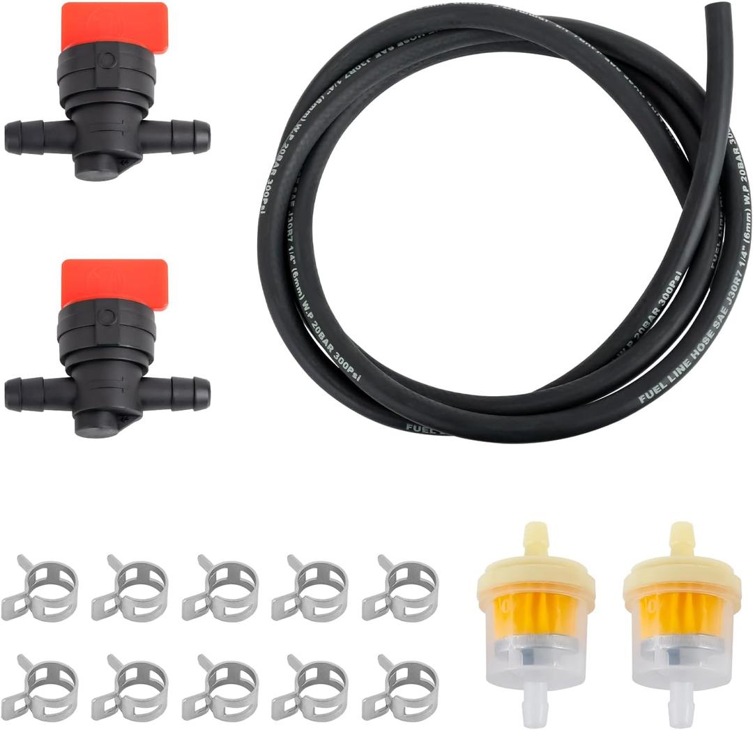 1/4 Inch Gas Fuel Line Kit 2m/6 Feet Hose, 2Pcs Shut Off Valves, 2Pcs Magnetic Fuel Filters, 10Pcs Hose Clamps Compatible with Lawn Mowers, Tractors, Tillers, Snow Blowers Durable & Easy Installation