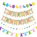 Ouddy Life 5Pcs Happy Easter Burlap Banner, Easters Felt Ball Bunny Garland with Pom Poms for Happy Easter Decorations Home Spring Farmhouse Mantle Office Party Kids Egg Hunts Indoor Outdoor Decor