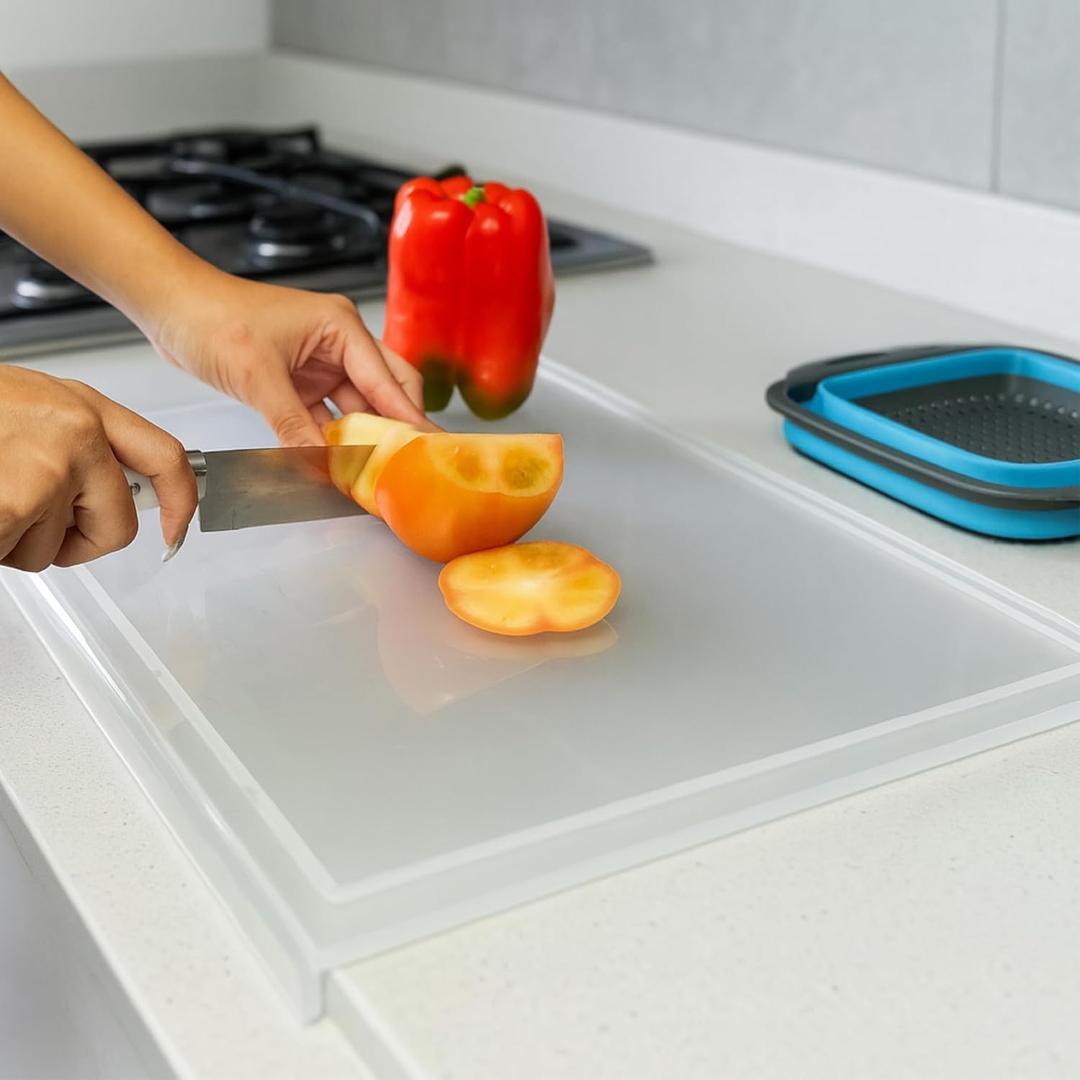 Acrylic cutting board and Silicone colander for kitchen 2 pcs kit 17.8" x 13.8", Cutting board with lip, Clear cutting board for countertop, Acrylic material, Transparent,