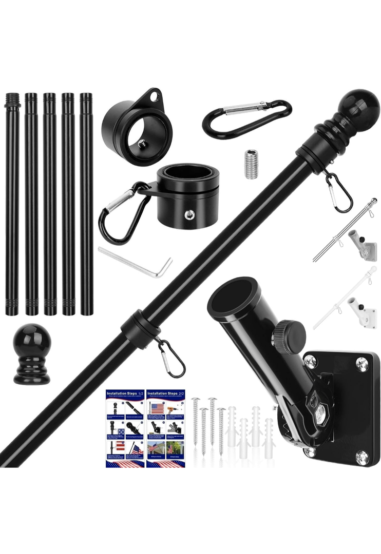 Flag Pole Kit, 6 FT Flag Pole for Outside House, with Heavy Duty Holder Bracket, Aluminum Alloy Tangle Free Rings, Thickened Stainless Steel Flagpoles for Residential, Outdoor or Porch, 1 Inch Black