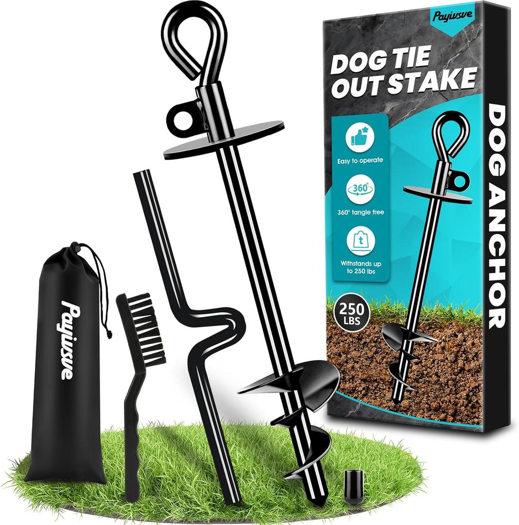 Dog Tie Out Stake for Large Dogs up to 250 lbs, Dog Anchor Heavy Duty for Outside Camping Yard Beach, 360 Rotation No Tangling Ground Anchors for Dog Cable, Leads Tether, Chain (Black-Round-1Pack)