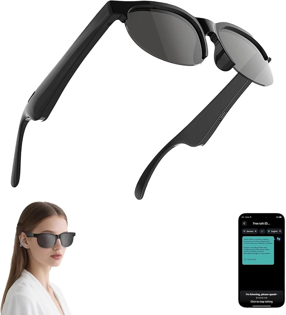 Ai Translator Smart Glasses with 144 Language Translation for Travel, Bluetooth Glasses with Built-in Speaker for Men and Women, Waterproof Sunglasses Music Playback & Hands-Free Calls, Black