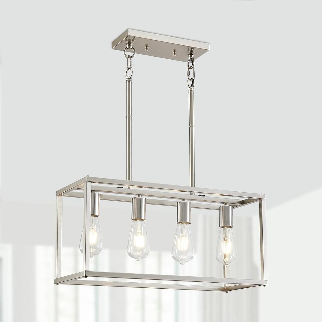 Lanhall 4-Light Dining Room Light Fixture Farmhouse Chandelier Brushed Nickel Modern Kitchen Island Pendant Lights Rectangular Hanging Lights Adjustable Height Metal E26 Base