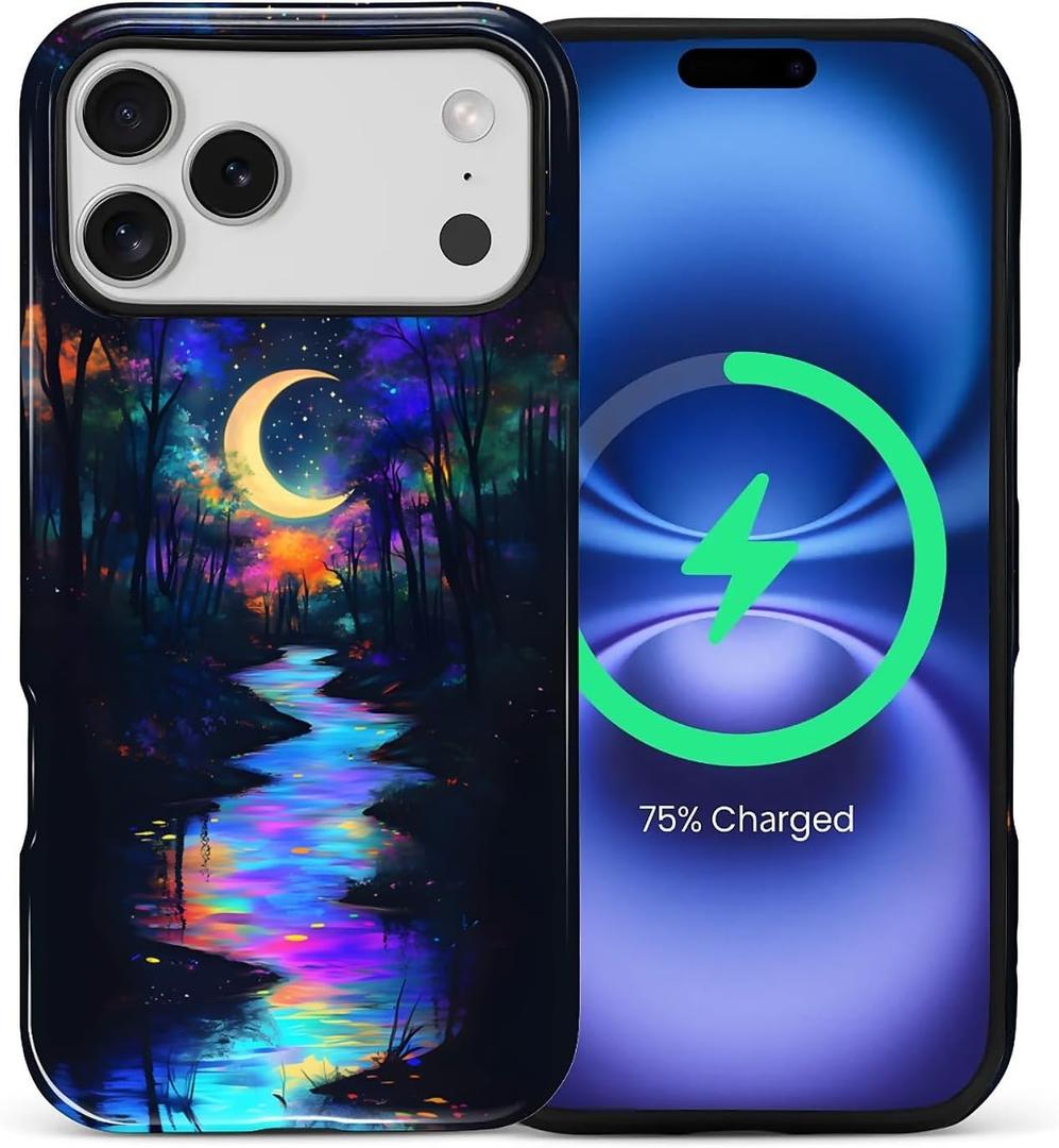 ZHEGAILIAN Magnetic Case for iPhone 17 Pro Max,Compatible with MagSafe Hard Shell + Soft Silicone 2 in 1 Hybrid Shockproof Bumper Drop Protective Case Magic Moon Night Blue
