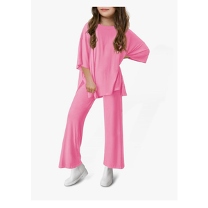 Haloumoning Girls Clothing Sets Summer Oversized T Shirts and Wide Leg Pants Kids Fashion 2 Piece Outfits 4-14 Years, Rose Red