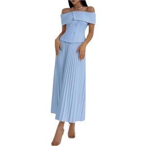 Women's 2 Piece Outfits Elegant Button Front Off Shoulder Top Blouse Shirt and Pleated Maxi Skirt Set Blue Medium