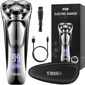 YIRISO Electric Razor for Men, 90Min Long-Lasting Rotary Shaver with 4D Floating Head & LCD Display, Ultra Smooth for Sensitive Skin, IPX6 Waterproof, USB-C Fast Charge, with Travel Case - Ideal Gift