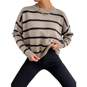 GORGLITTER Women's Striped Drop Shoulder Sweater Oversized Crew Neck Knit Sweaters Pullover Top L