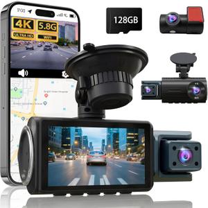 3 Channel Dash Cam Front and Rear, 4K+4K+1080P Car Camera, Free 128GB Card, Built-in GPS, ADAS, 5.8GHz WiFi & APP, Super Night Vision, G-Sensor, Loop Recording, 24H Parking Mode Dash CamBlack