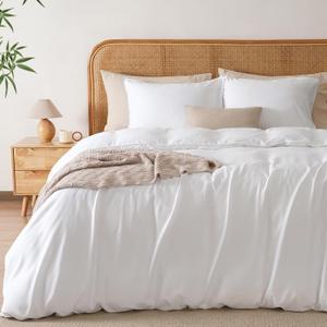 PHF Linen Duvet Cover Queen Size, 85% Rayon Derived from Bamboo & 15% Natural Linen, Airy Breathable Duvet Set for Hot Sleepers, 3PCS Luxurious Comforter Cover Bedding Collection, 90"x90", White