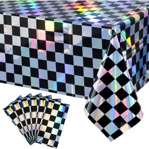 6Pack Black and Iridescent Checkered Plastic Tablecloth, Shiny Disposable Laser Rectangle Table Covers, Holographic Foil Tablecloth Iridescent Party Decorations for Picnic Camping Race Car, 54x108Inch