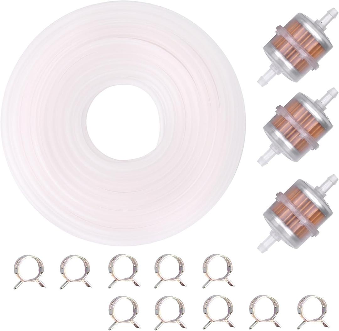10Ft 3/16 Fuel Hose ID 4.5mm x OD 8mm Fuel Line Hose Kit White Transparent NBR Include 3 Pcs Inline Fuel Filter and 10 Stainless Clamps Fit for Small Engines