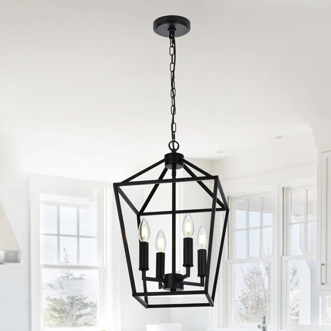 MELUCEE Farmhouse Chandelier 4 Lights Lantern Pendant Light in Black Finish Vintage Openwork Cage Hanging Light Ceiling for Kitchen Island Dining Room Hallway Entryway, E12 Base