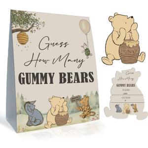 the Pooh Baby Shower Games Card, Included 1 Guess How Many Gummy Bears Sign and 30 Winnie Guessing Cards, Winnie Baby Shower Game for Boys Girls, Birthday Party Supplies 5 * 7IN