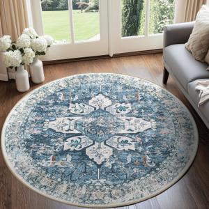 BESTSWEETIE 6ft Area Rug Washable Rugs for Living Room, No Pile Boho Carpet for Entryway Bedroom Dinning Room, Vintage Carpet Print Distressed Non-Slip, 72" Round, Blue Navy