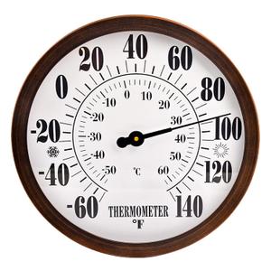 12'' Indoor Outdoor Thermometer Large Numbers, Hanging Decorative Wall Thermometer with Stainless Steel Enclosure, No Battery Needed Weather Thermometers for Patio, Home, Garden Decoration (Bronze)
