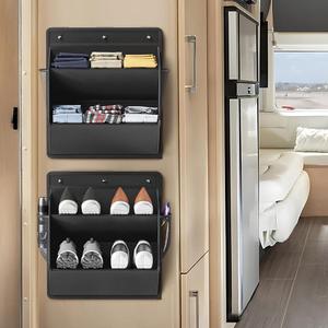 2 Pack RV Shoe Storage with Sticky Adhesive Tape, Over the Door Shoe Rack, Wall Hanging Shoe Organizer with Large Deep Pockets for Camper, Narrow Space Saving Closet Organizers Black