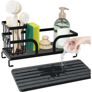 Sponge Holder for Kitchen Sink Caddy,Sink Caddy Organizers with Stone Drying Tray, Kitchen Organizer for Sponges, Soap, 9.7" x 4.2"x 3.2" Home Decor Storage and Organization,1PCS Black