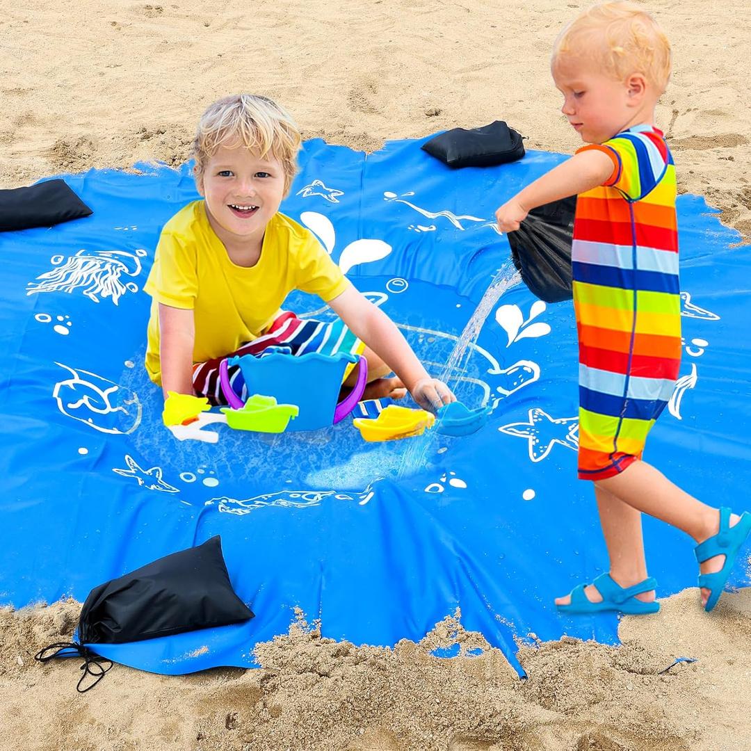 6.5 X 6.5 Ft Baby Beach Pool, Portable Kiddie Pool and Beach Blanket, 2 in 1 Waterproof Foldable Sand for Kid Vacation Picnic with Storage Bag (Blue)