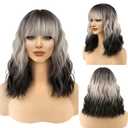 FAELBATY Short Brown Ombre Grey Wig Short Wave Bob Wigs for Women With Bangs Shoulder Length Synthetic Cosplay Party Wig for Girls Costume Wigs (12" 60R) (Ombre Black to White Blonde)