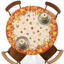 Fall Thanksgiving Round Tablecloth, Farm Pumpkin Botanical Maple Leaves Waterproof Fitted Table Cover with Elastic Edge, Fall Harvest Table Cloths for 55"-60" Indoor Outdoor Round Tables