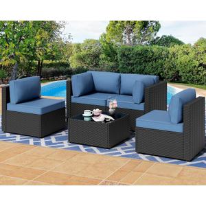 Shintenchi 5 Pieces Outdoor Patio Sectional Sofa Couch, PE Wicker Furniture Sets, Patio Conversation Sets with Washable Cushions Glass Coffee Table for Garden, Poolside, Backyard, Aegean Blue