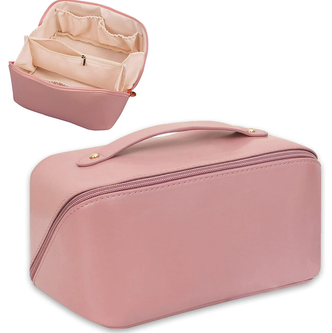 2 x Lunarsoft Leather Makeup Bag,Pink Large Cosmetic Case with Dividers & Handle, Water-Resistant Lining, Multi-Pockets, Portable Toiletry Bag Organizer,Packing Underwear Organizer Bag
