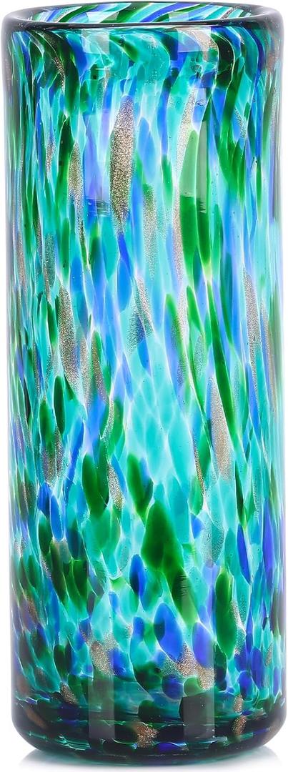 9.45" Tall Teal Vase Hand Blown Glass Vase Green, Modern Teal Home Centerpieces Wide Mouth Vases for Bud&Flower Decor - Ideal Living Room, Kitchen, Wedding, Dining Table, Office Center Table