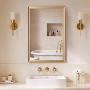 Gold Bathroom Mirrors for Over Sink 24x36 Inch, Brushed Gold Rectangle Vanity Mirror for Bedroom, Entryway, Living Room, Aluminum Alloy Framed, Inner Curved Wide Edge, Anti-Rust