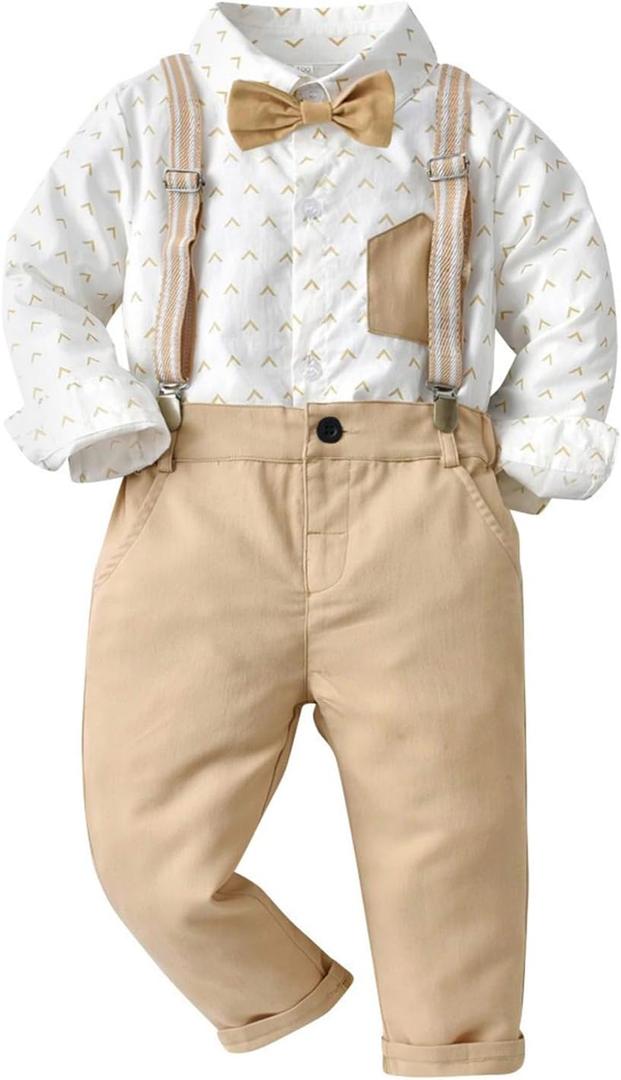 SALNIER Toddler Boy Suit Baby Boys Wedding Dress Outfit Formal Gentleman Clothes Set Dress Shirt Bowtie Suspenders Pants (12-18 Months, Beige White) SALNIER Toddler Boy Suit Baby Boys Wedding Dress Outfit Formal Gentleman Clothes Set Dress Shirt Bowtie Suspenders Pants (12-18 Months, Beige White)