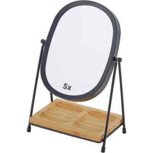 JOYOEIKON Tabletop 5x/ 1x Magnifying Makeup Mirror with Squared Bamboo Tray Small Desk Mirror 360° Rotation Vanity Mirror with Stand Desktop Cosmetic Mirror