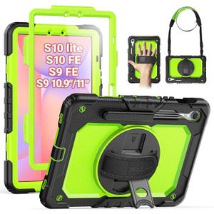 SEYMAC for Samsung Galaxy Tab S10 Lite/ S10 FE/ S9 FE/ S9 5G Case (10.9''/11''), Heavy Duty Shockproof Protective Case with Screen Protector, Rotating Stand, Hand Strap and Pen Holder, Green