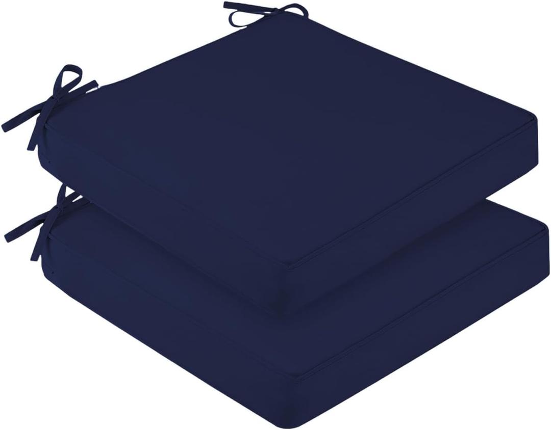 downluxe Waterproof Outdoor Chair Cushions for Patio Furniture, 22" x 22" x 3" Patio Chair Cushion with Adjustable Ties & Portable Handle, Square Outdoor Cushion with Removable Cover, Navy, 2 Pack