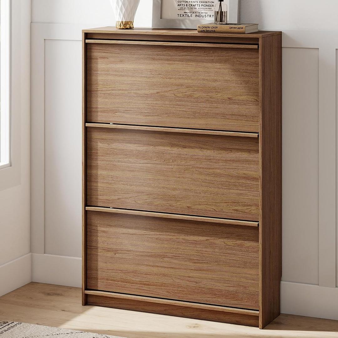 Shoe Cabinet with 3 Flip Drawers, 31.5" W Narrow Shoe Storage Cabinet for Entryway, Slim Shoe Organizer with Adjustable Shelves, Freestanding Shoe Rack for Hallway, Living Room, Walnut, 9.45"D x 31.5"W x 45.47"H