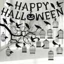 BBTO 38 Pcs Glitter Black Crow Cage Decorations for Gothic Halloween Tree Hanging Decorations Happy Halloween Banner Raven Bird and Cage Garland Centerpiece Backdrop for Horror Theme Party Supplies