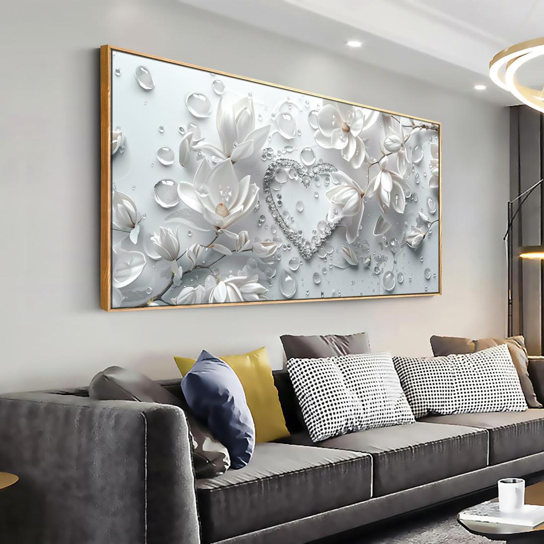 youkuart Wall Art Modern Flowers Artwork Love Heart Wall Decor White Canvas Prints for Living Room Bedroom Dining Room Home Office Decor Large Framed Ready to Hang 20"x40"