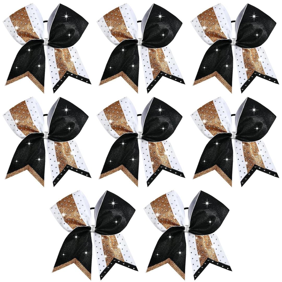 8PCS Glitter Cheer Bow Large Cheer Bows Rhinestones Hair Bows Girls 8"Cheerleading Bows Bulk Elastic Band Ponytail Holder for Teen Girls College Sports Competition (Glitter Black/Gold+Full Rhinestone)