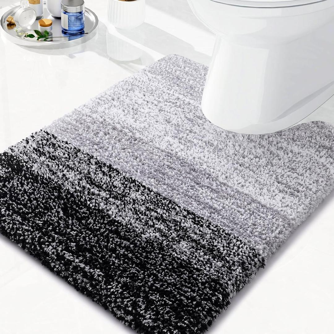 Arotive Microfiber Bathroom Rugs, Shaggy Soft and Absorbent Contour Toilet Rugs, Non-Slip, Thick Plush Machine Washable Dry Bath Mats for Toilet Base, 24x20, Black, U-Shape