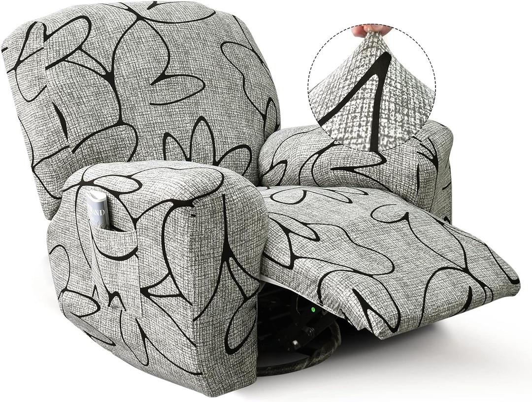 Recliner Slipcover-Stretch Soft Slip Reclining Chair Slipcovers 4 -Pieces Furniture Protector for Recliner with Pocket Fitted Sofa Couch Cover Lazy Boy Chair Cover (Gray/Black)