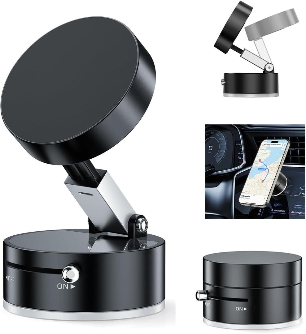 Vacuum Suction Magnetic Car Phone Holder Mount Fit All Phones,Adjustable Phone Holders for Your Car Home Office Smooth Surfaces,Metal Ring Stick Outside if Case Non-Magnetic (Upgraded)