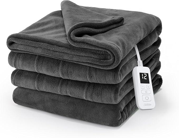 Sunbeam Electric Royal Luxe Microplush Heated Blanket, 12 Heat Settings, 12-Hour Auto Shut-Off, Fast Heating, Warm & Cozy, Machine Washable, Mushroom Color, Full (84" x 72")