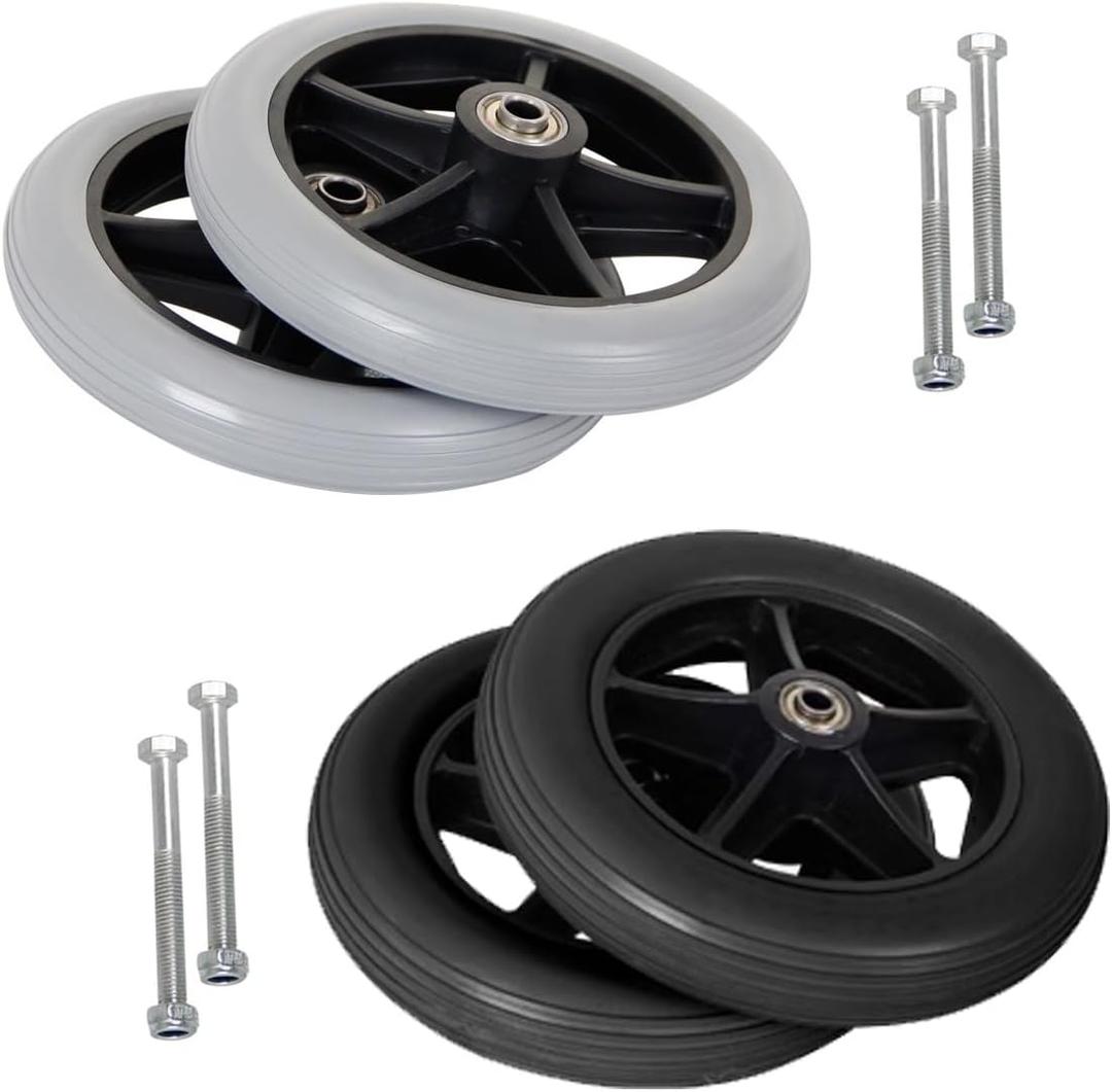 Pair of 2 Rubber Wheel Replacement Wheelchair Front Wheels Rollator Replacement Wheels 6" 7" 8" Black/Gray Non-Slip Wheelchair Caster ABS Wheel Hub with Screws(Black,8in/20cm)