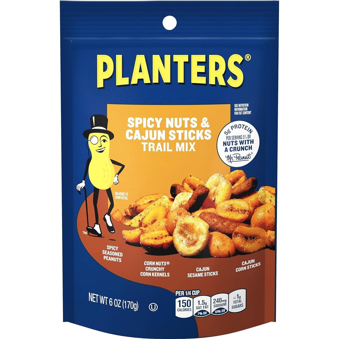 PLANTERS Spicy Nuts & Cajun Sticks Trail Mix- Mixed Nuts Trail Mix Snack Packs, 6 oz Bags (Pack of 12) (EXP 04/21/26)